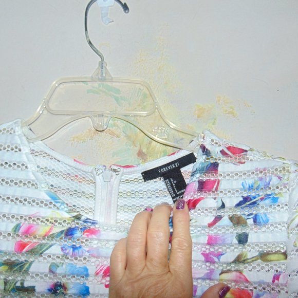 Forever 21 Multicolor Floral White Mini Full Dress With Mesh Striped Large Women - Picture 5 of 10